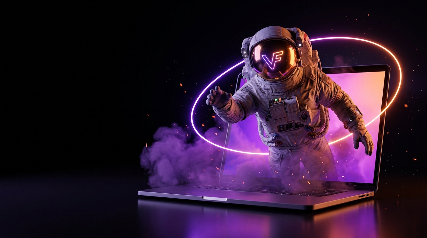 Astronauta hiperrealista emergiendo de una laptop; su casco gira siguiendo el cursor.